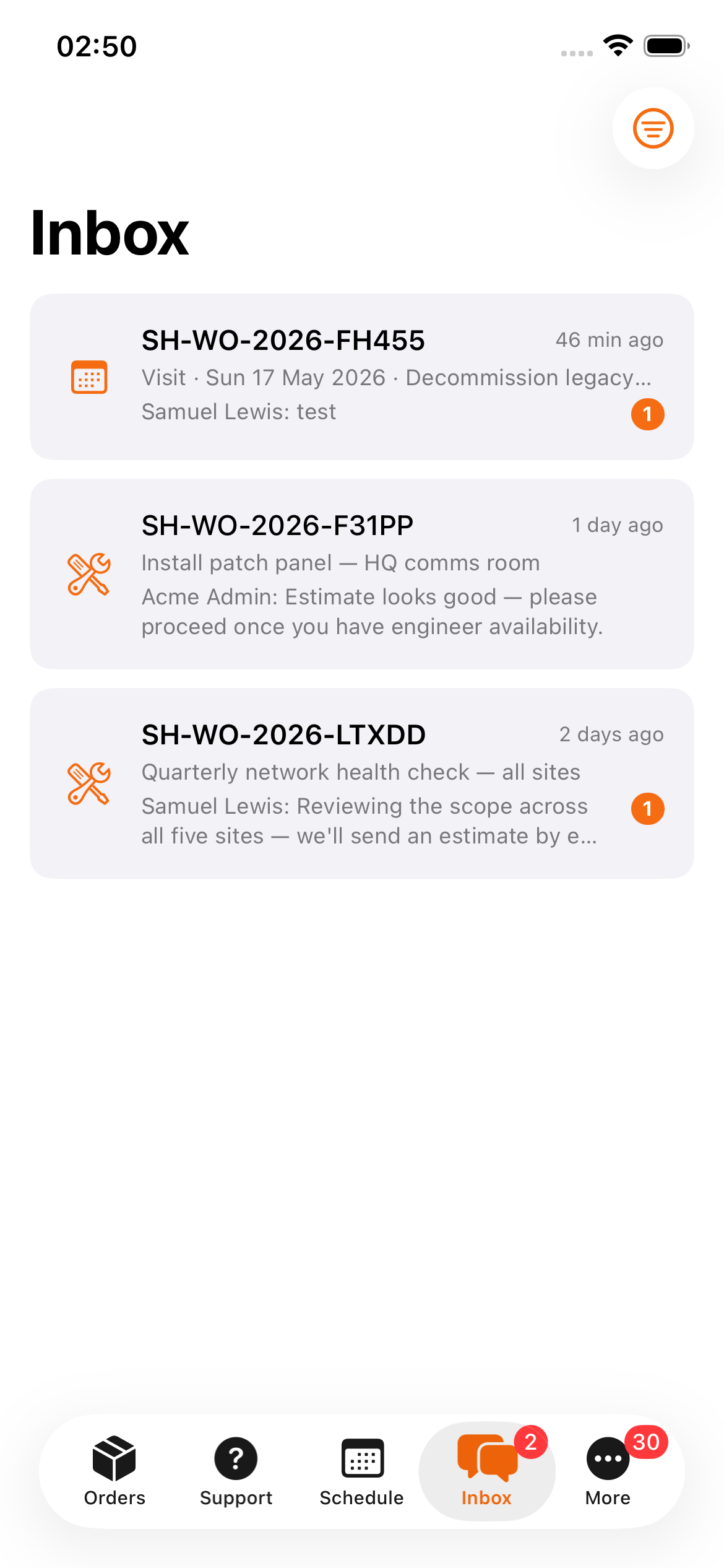 Inbox showing unread messages across work orders, visits, and materials orders