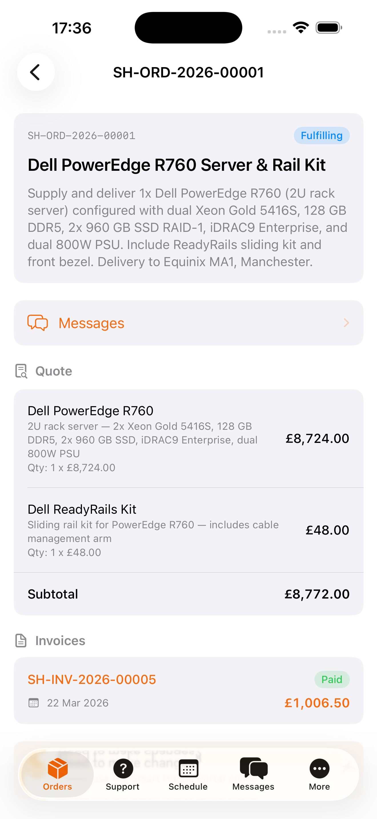 Materials order detail with quote and invoice