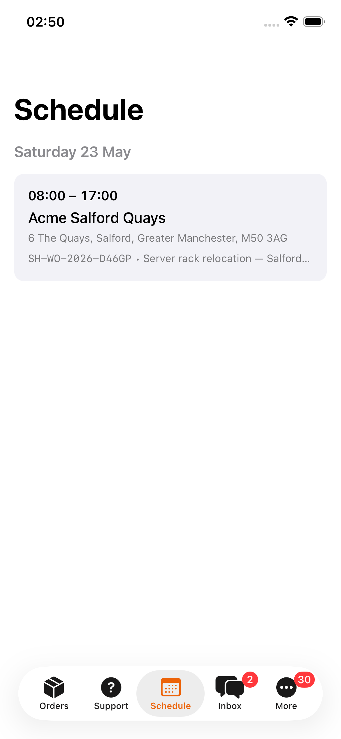 Schedule view showing upcoming engineer visits