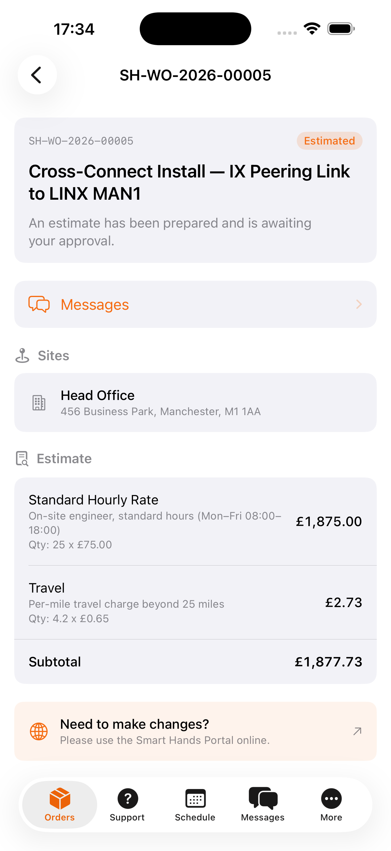 Work order detail with estimate breakdown and site information