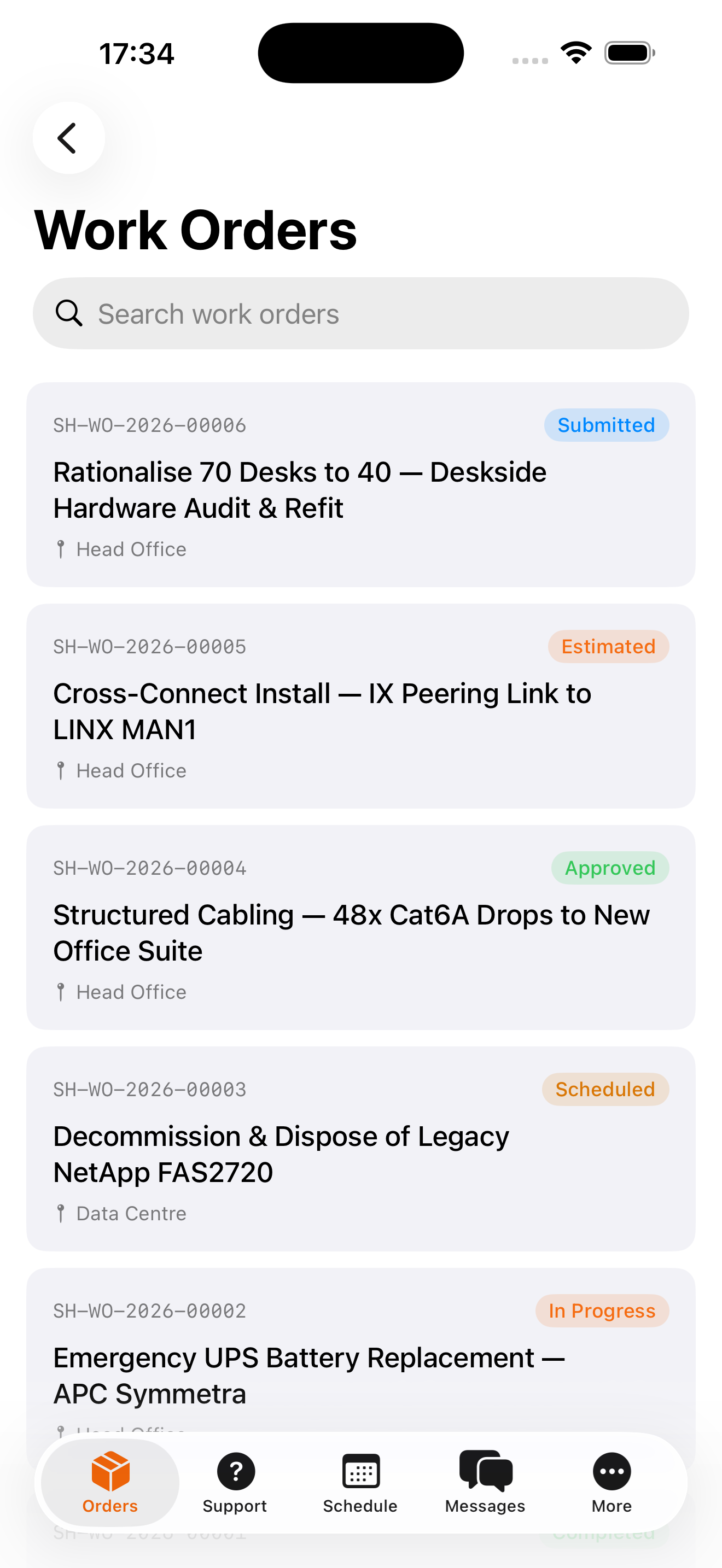 Work orders list showing active jobs with status badges