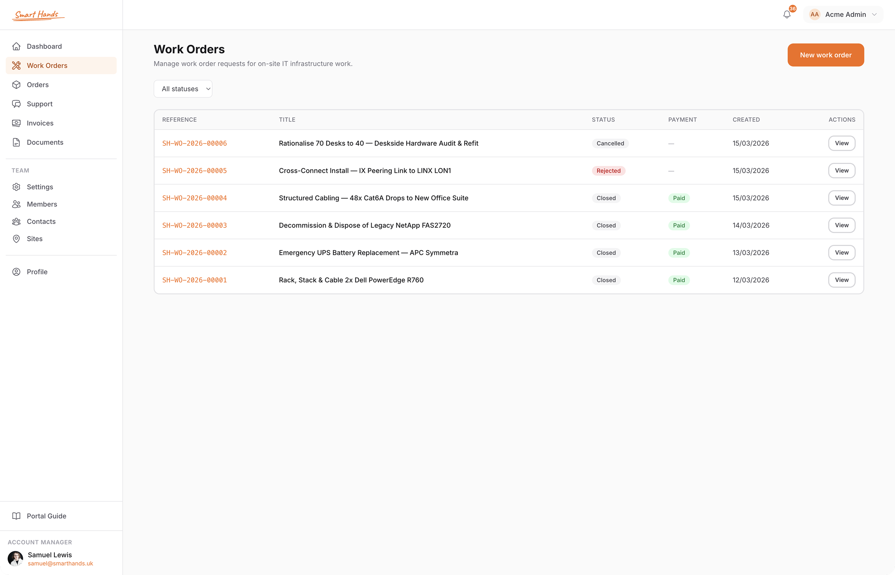 Smart Hands Portal — Work Orders dashboard